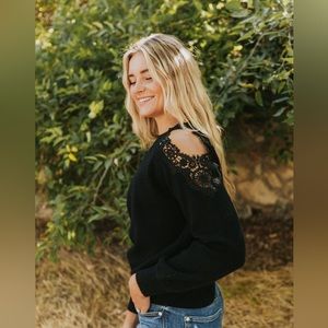 Black Cold Shoulder Sweater Crochet Lace Detail, Small, Sweet Lovely By Jen, NWT